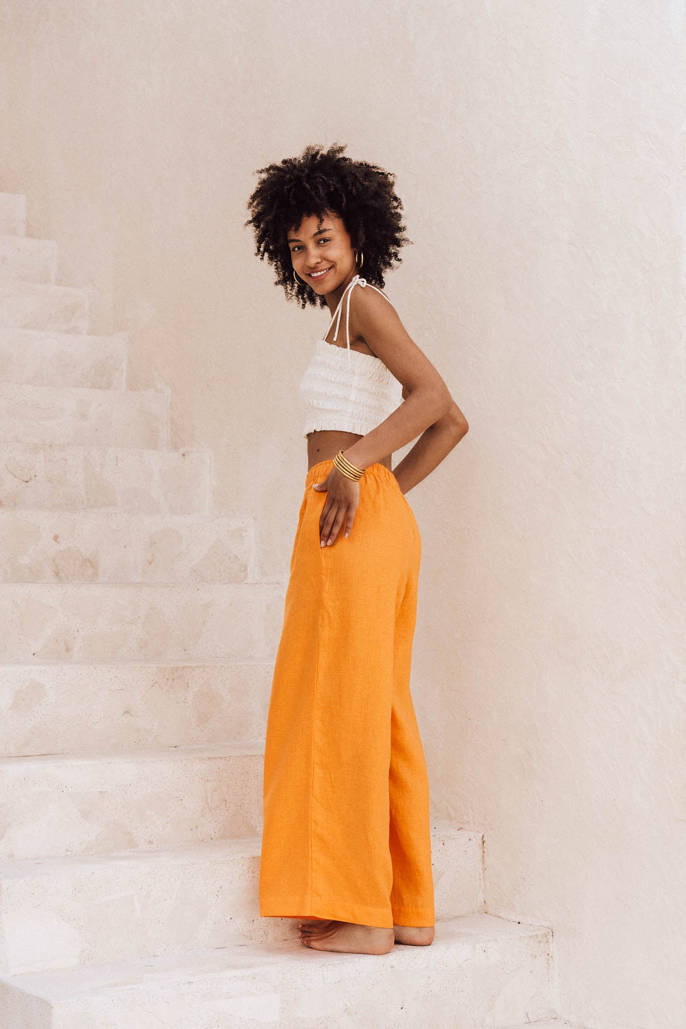 Straight leg mandarin orange linen pants - ethically made