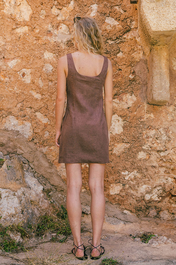 Diane Linen Plitz Dress in Mocha