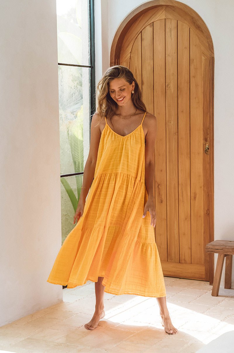 yellow sleeveless dresses Women's Perfectly Framed Jersey Knit Contrast Trim Maxi Dress | Size: L This yellow sleeveless jersey knit maxi dress features a relaxed straight silhouette with contrast ivory trim along the neckline Red Dress | Yellow Gingham