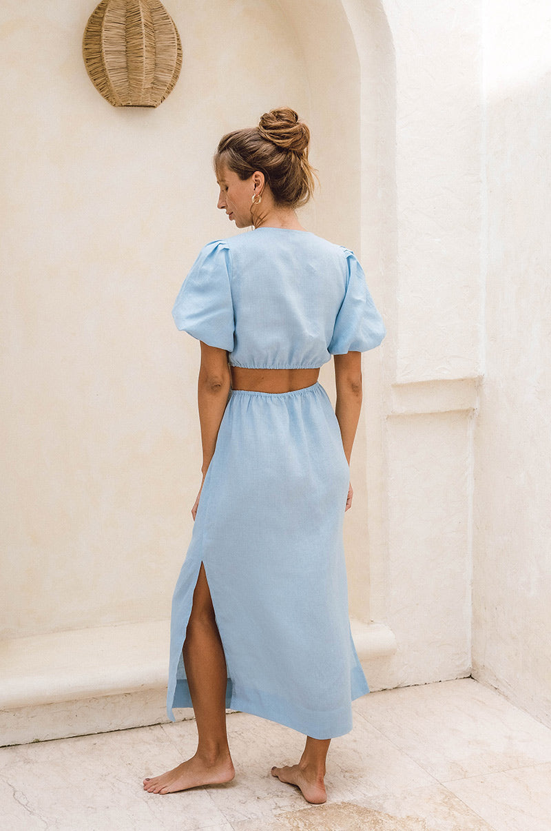Blue puff sleeve linen summer dress - Italian holiday