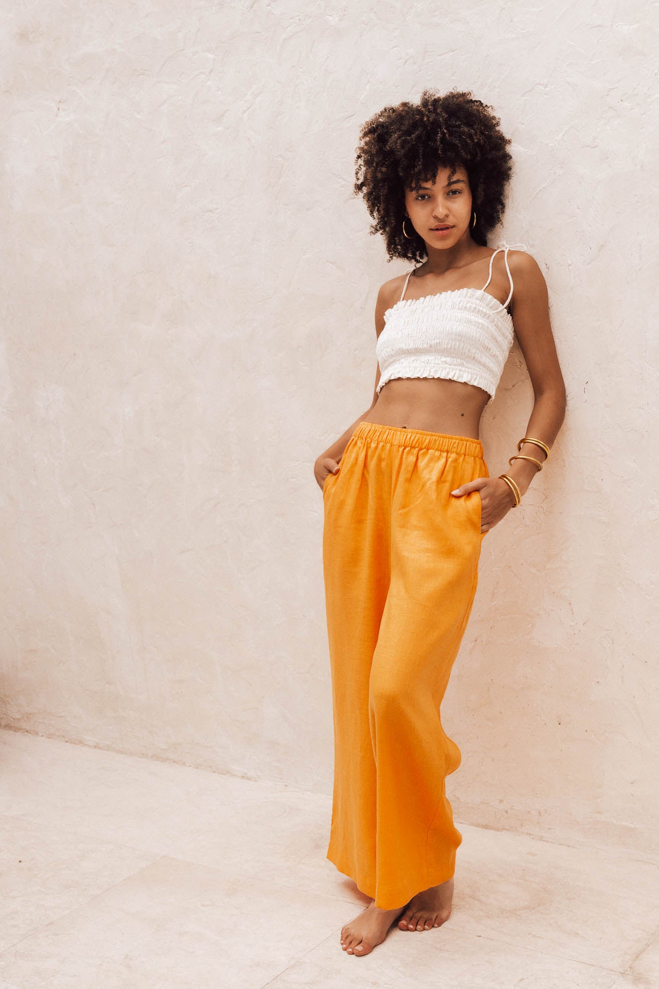Mid-rise french linen mandarin pants - side pockets