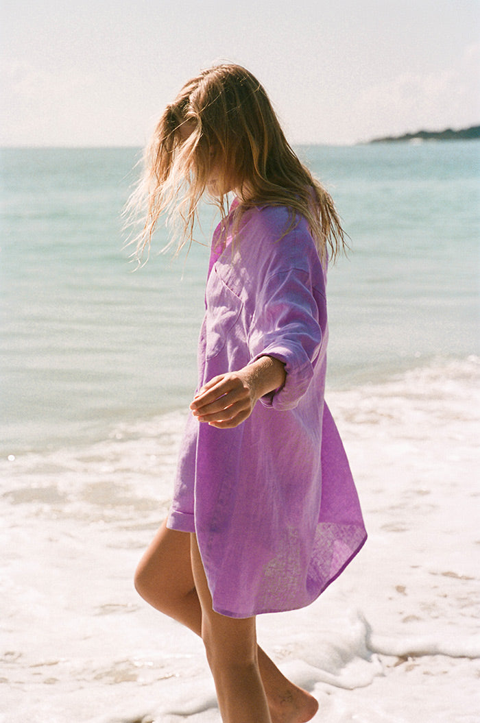 Sustainably made shirt dress - lavender coloured french linen