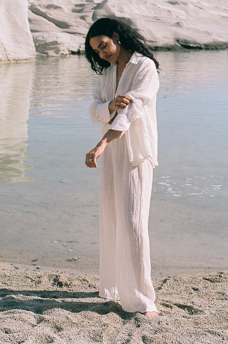 Loose-fit trousers - ecru textured linen