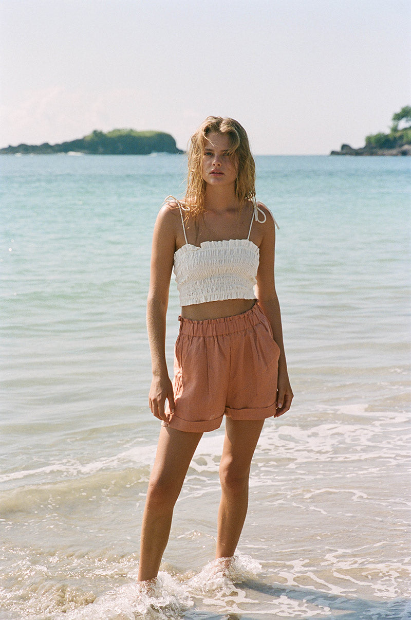 Comfortable loose fitted french linen clay shorts