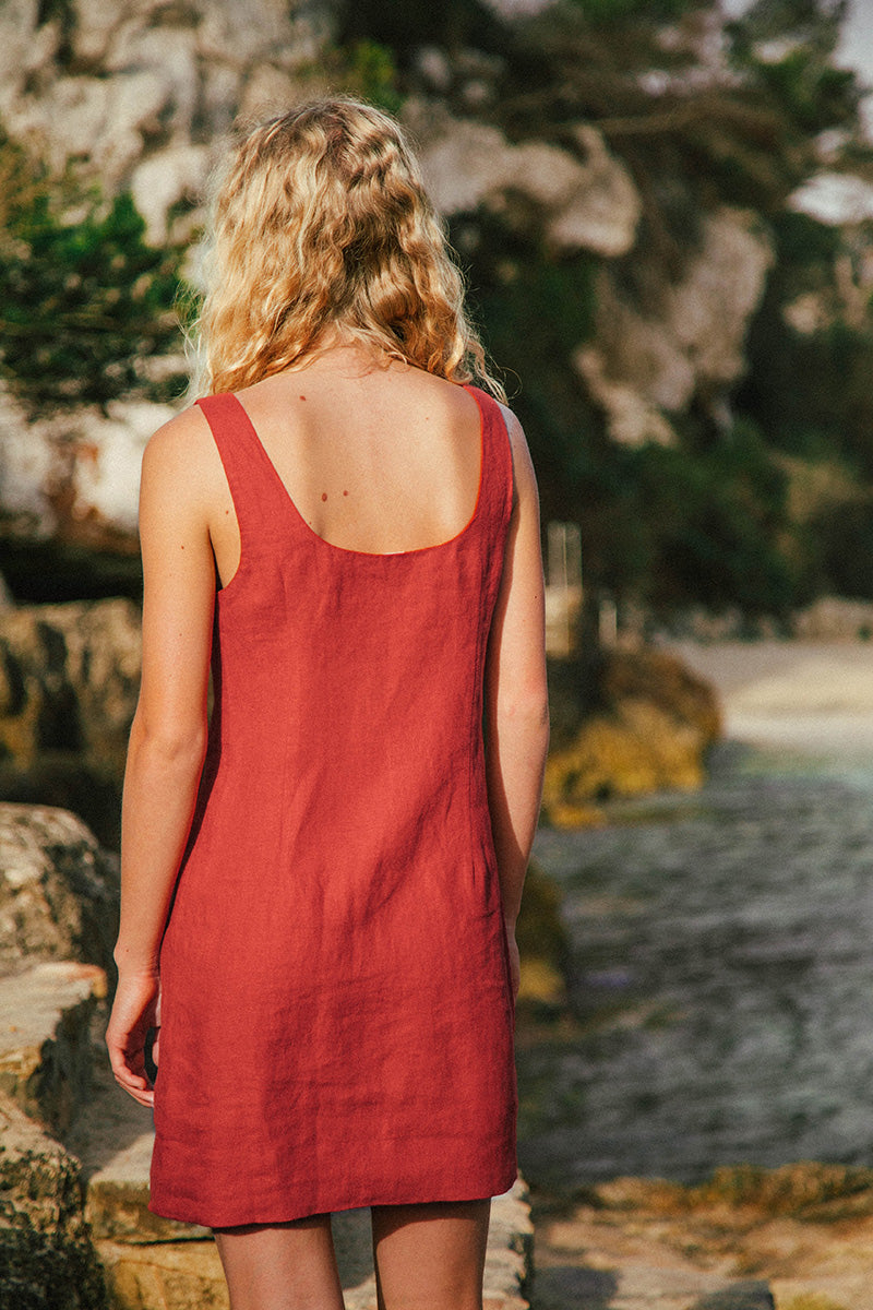 Cherry red linen mini dress