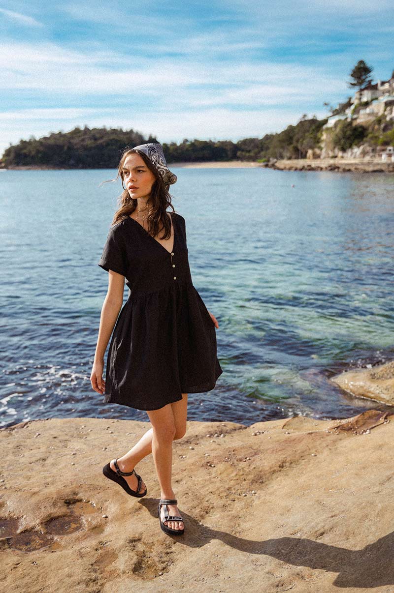 V-neck black linen mini dress