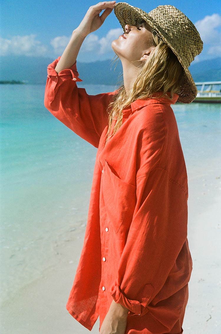 Loose-fitted button up women's shirt dress - coral linen