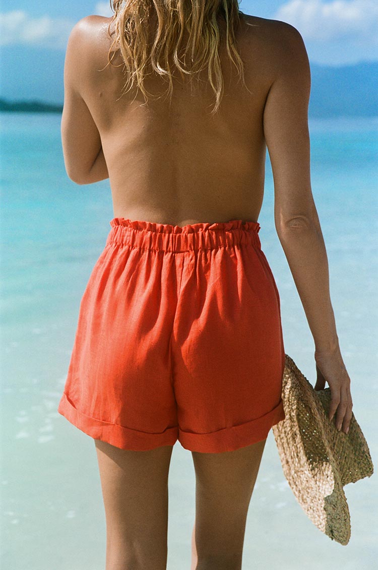 Comfortable loose fitted french linen orange red shorts