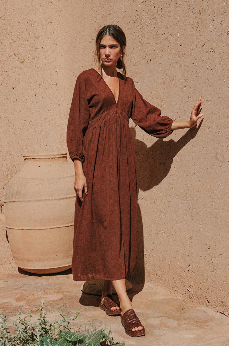 chocolate brown midi dress Hyacinth House Eyelet Bennett Chocolate Eyelet / L Subtle gathers at the waist for a flattering silhouette Composition Yours Women's Plus Size Chocolate