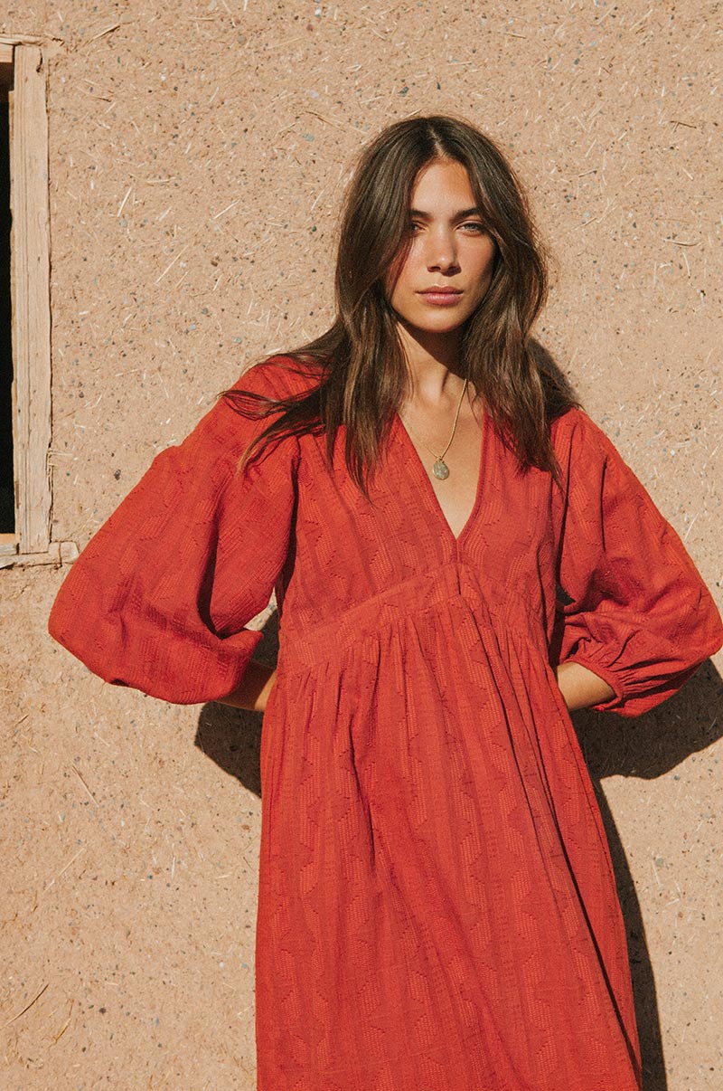 Rove Alma Midi Dress - Textured Cotton Warm Red, S