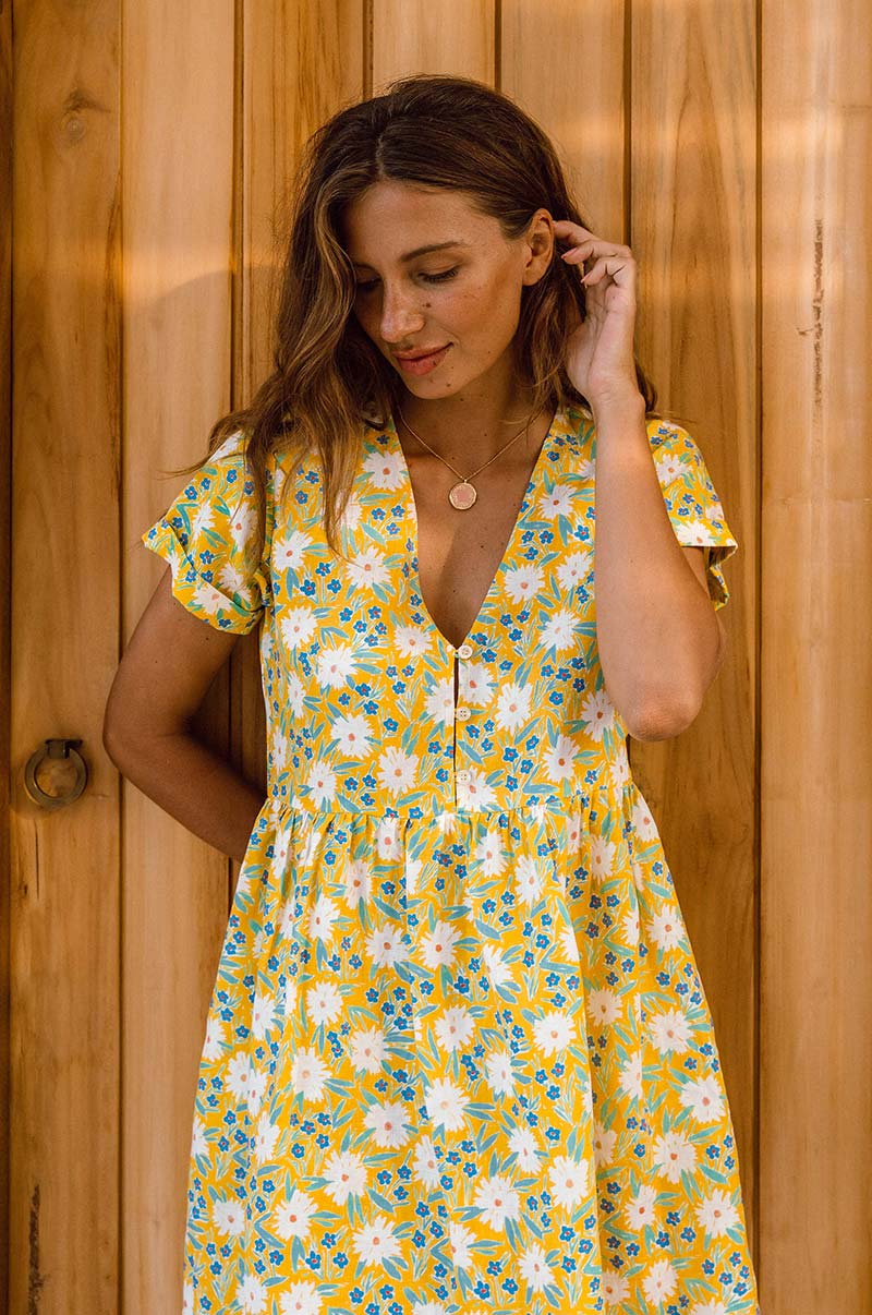 V-neck, yellow with white flowers, linen mini dress