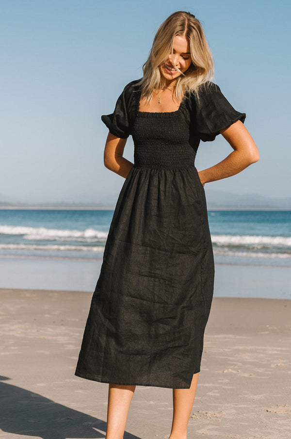Black Linen Midi Dress