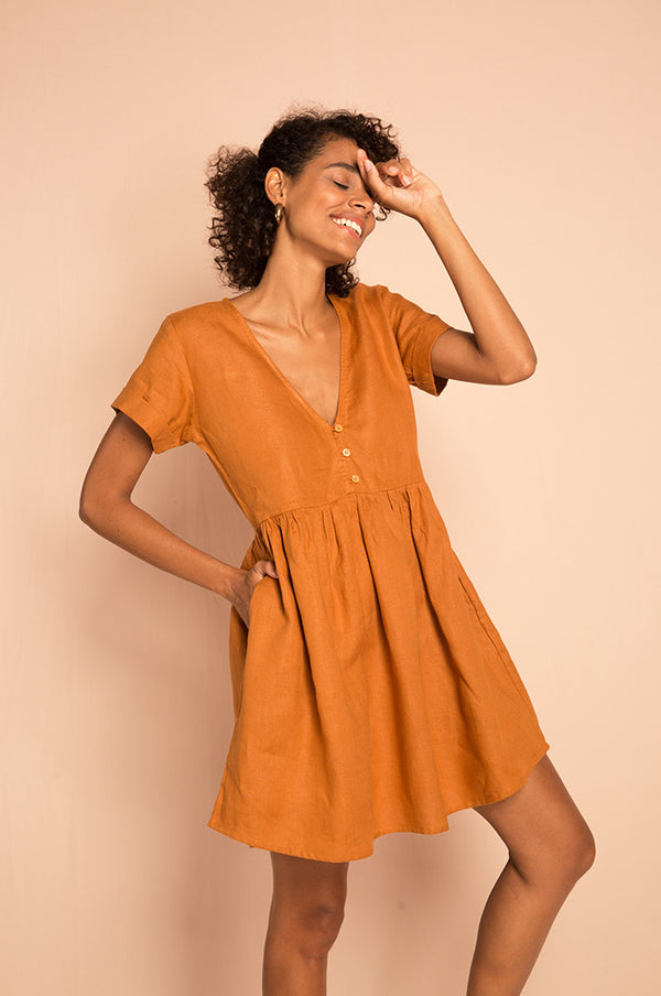 Brown Ochre Babydoll Mini Dress - Soft 100% Linen - ROVE