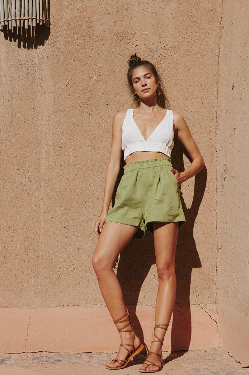 Natural linen comfy lounge shorts - olive