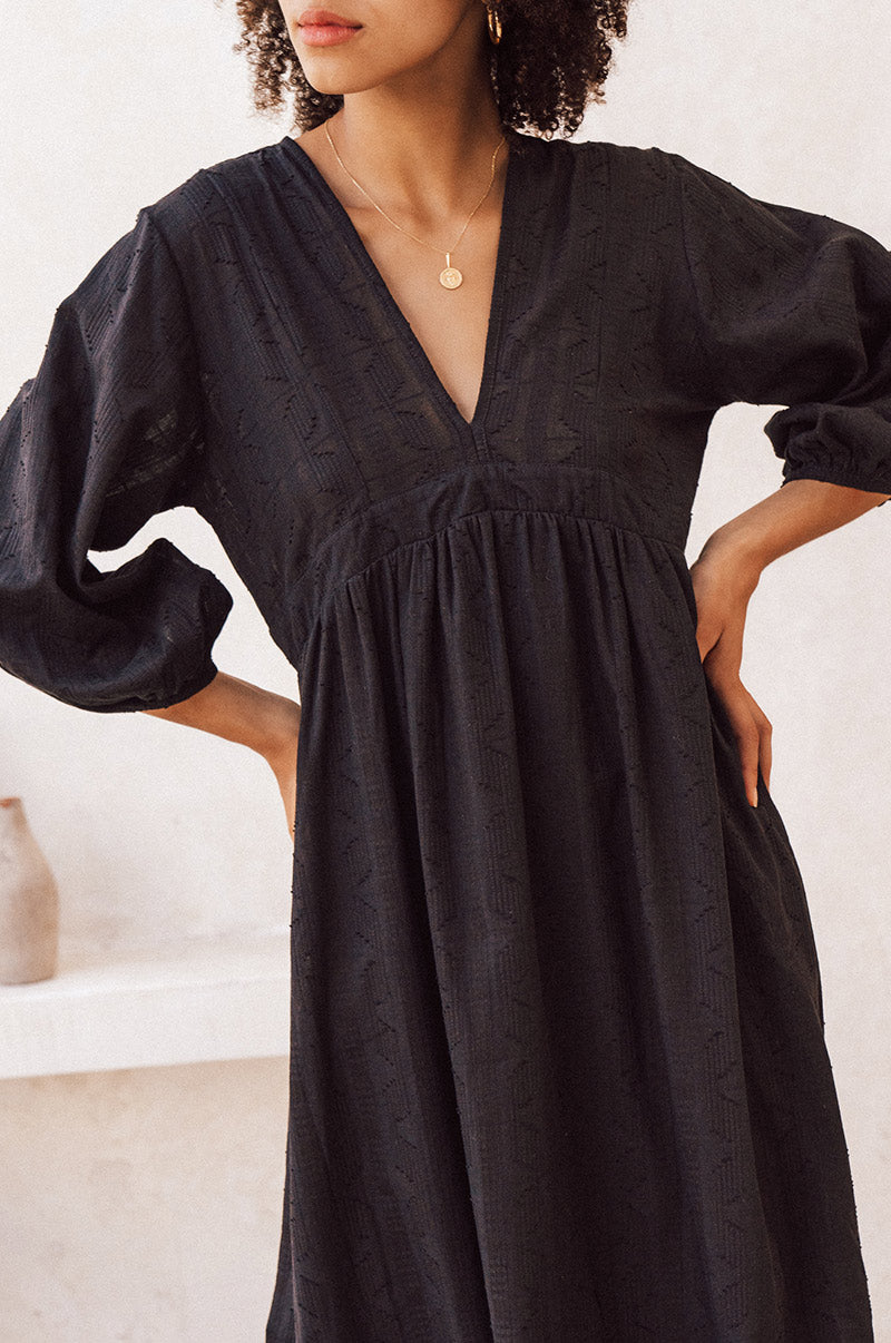 Black cotton jacquard ALMA Midi Dress