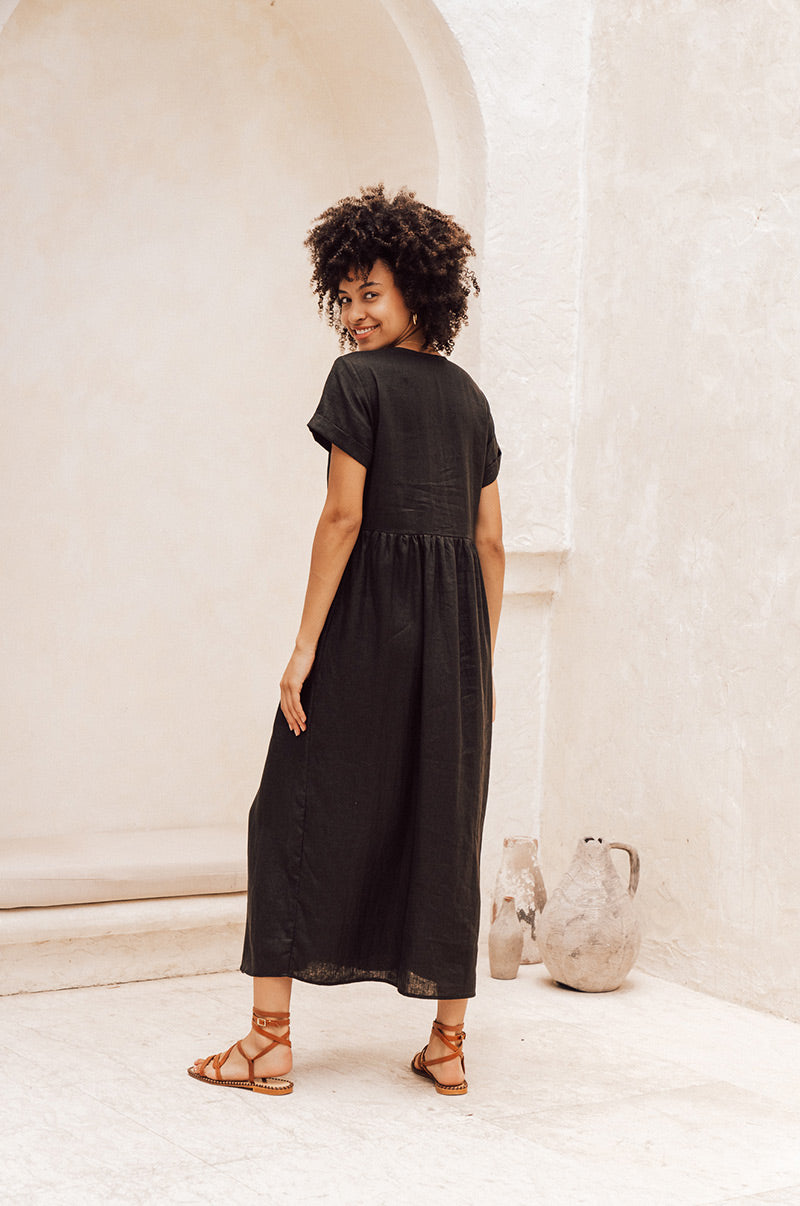 Maternity wear - jet black loose linen dress