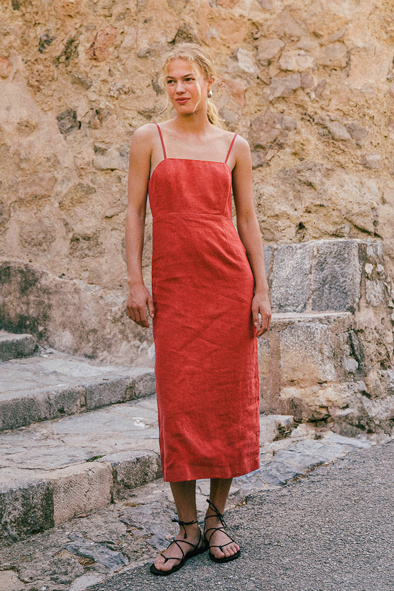 Red linen midi dress back tie