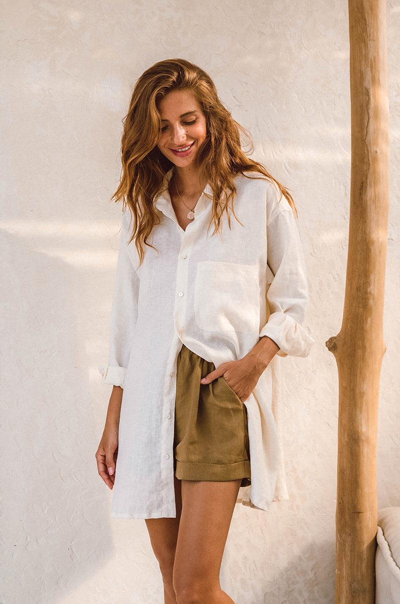 Sustainably made shirt dress - coconut husk coloured french linen