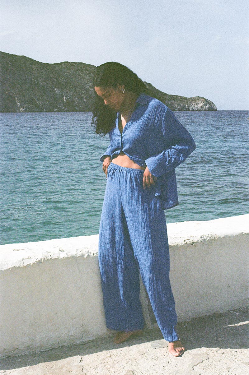 Ethically made sea blue shirt - textured linen