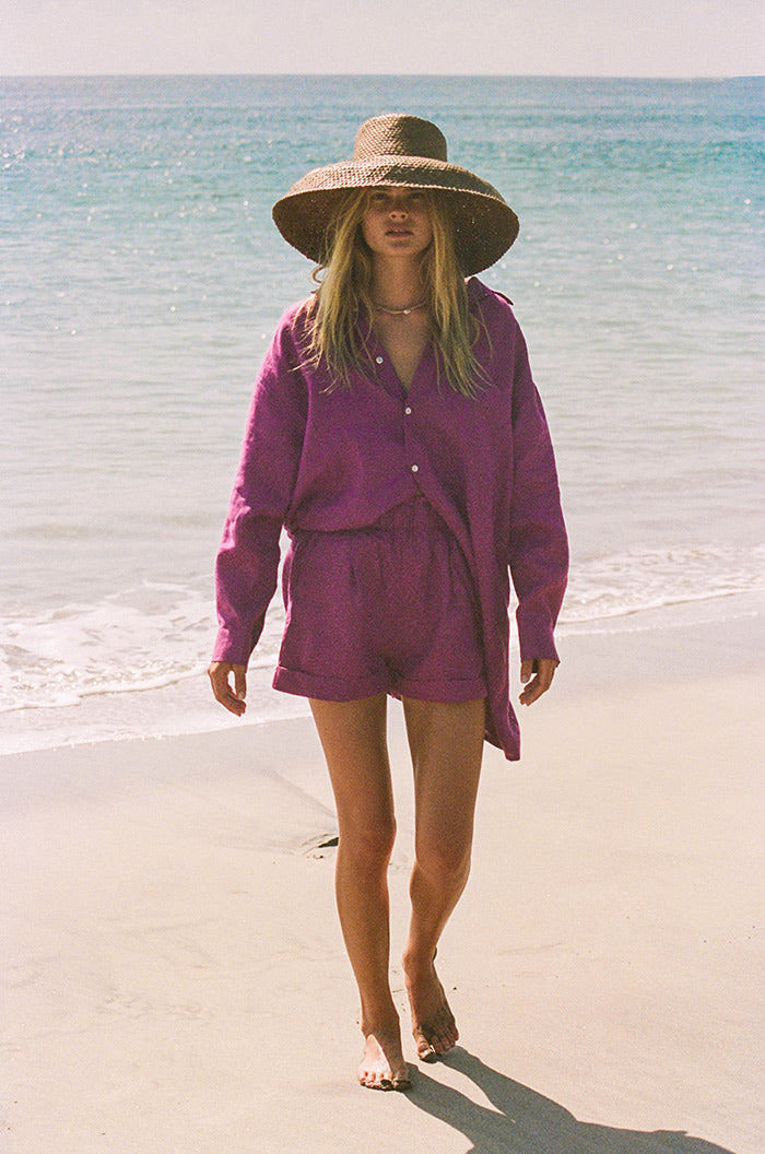 Loose-fitted button up women's shirt dress - purple linen