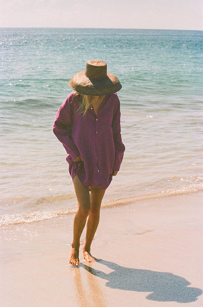 Boyfriend style button-up shirt dress - dark purple linen