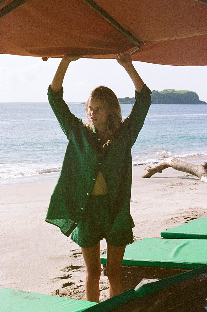 Loose-fitted button up women's shirt dress - dark green linen