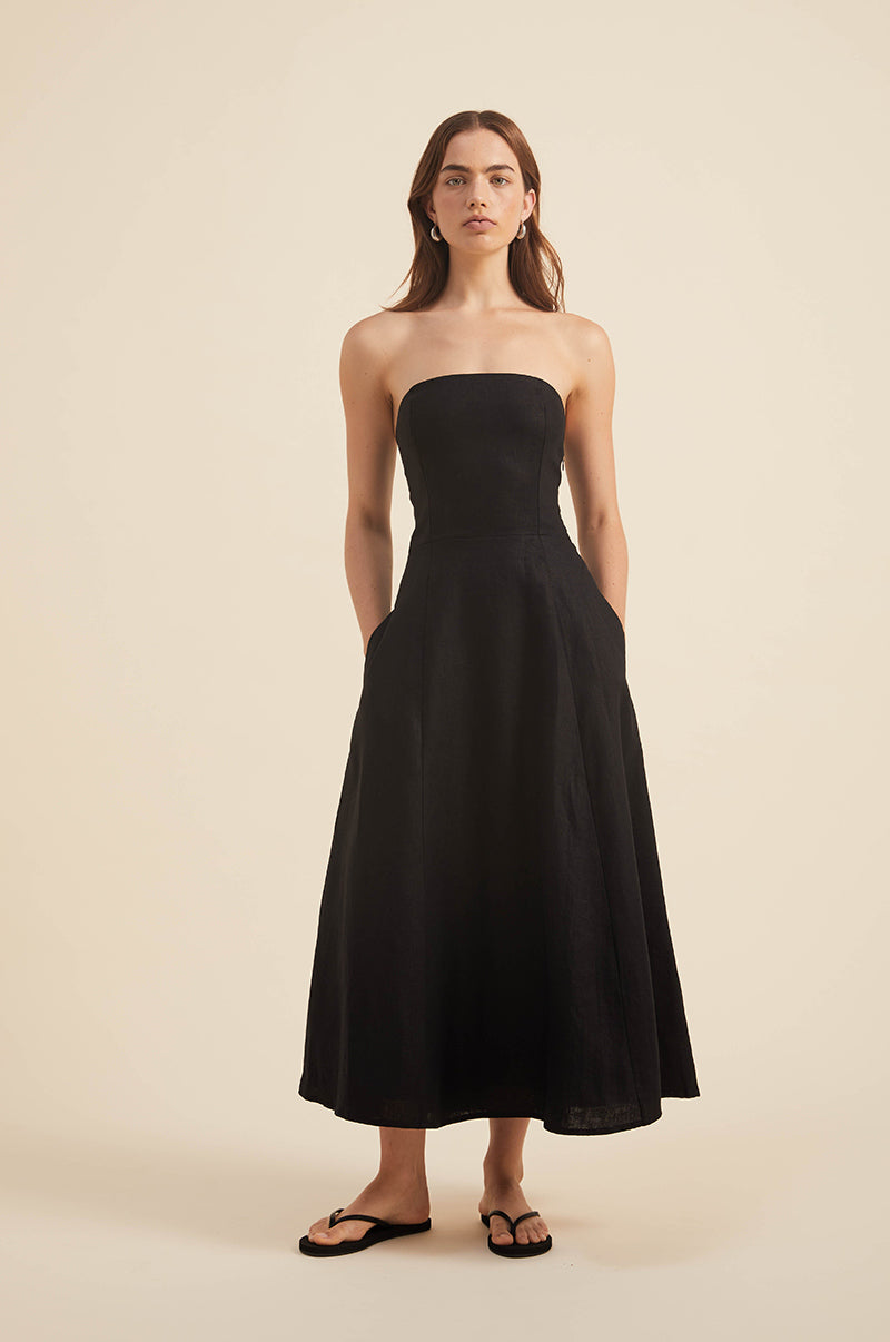 Black Linen Midi Dress - Strapless with Straight Neckline
