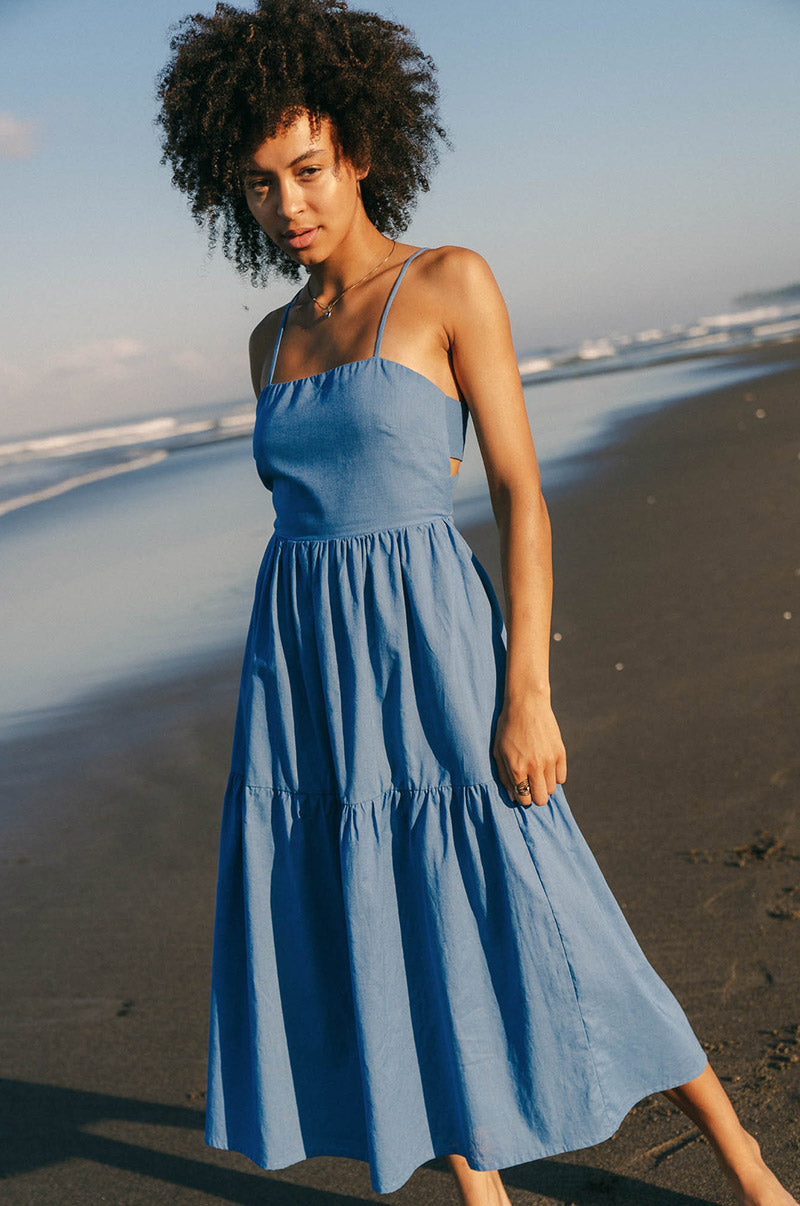Sustainable blue flowy cotton linen dress