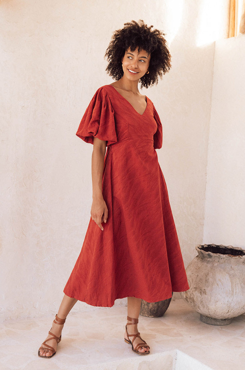 Linen cotton warm red day dress