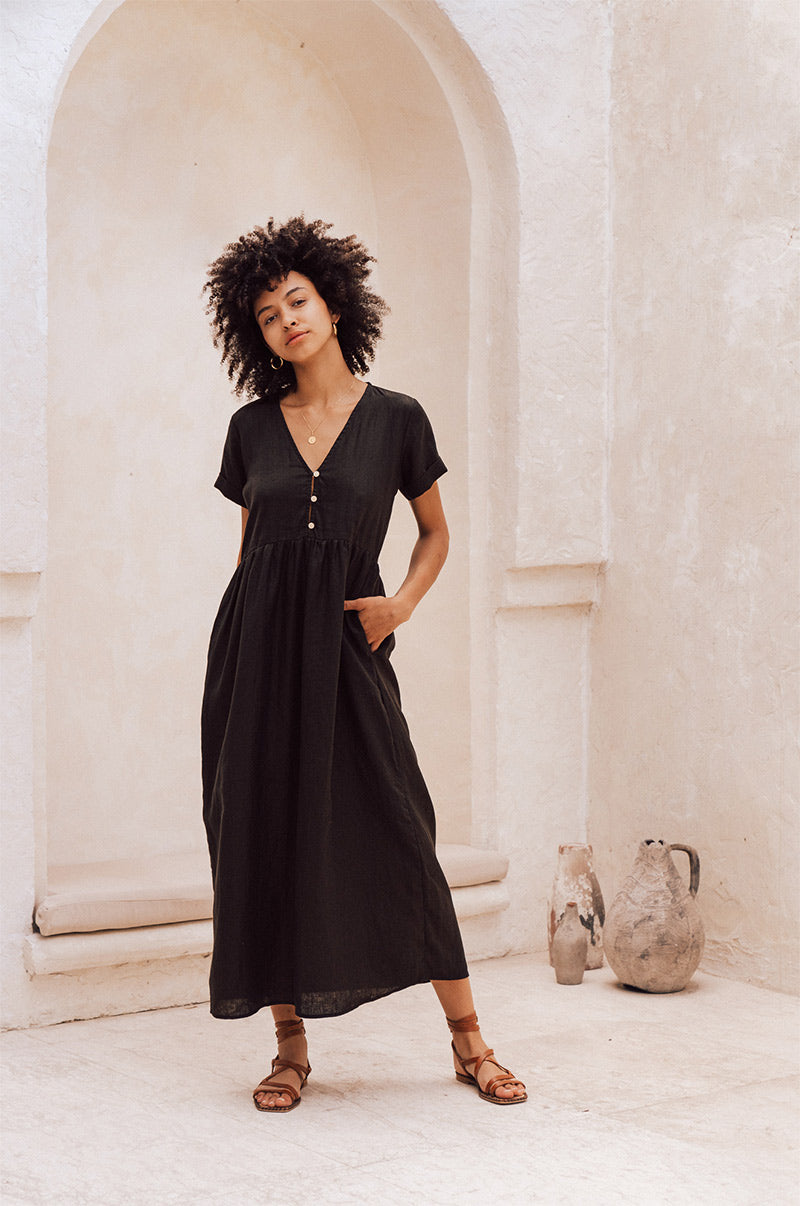 linen dress singapore Gendolina Midi Dress Black Linen Wrap