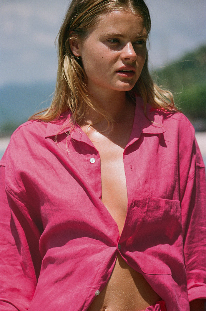 Sustainably made shirt dress - bright pink coloured french linen