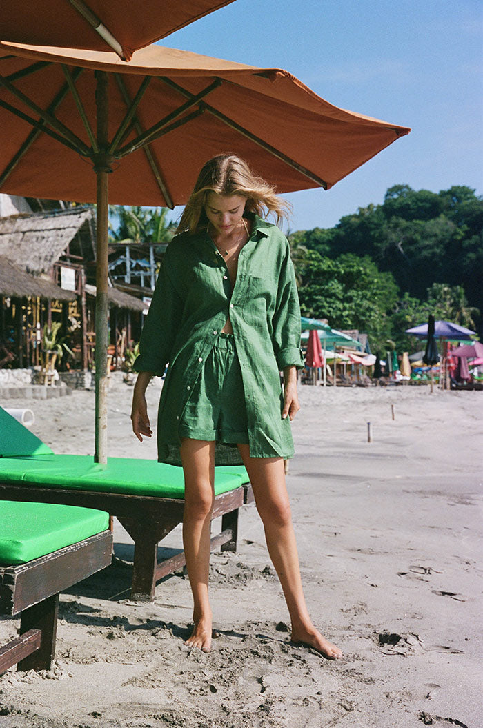 Sustainably made shirt dress - forest green coloured french linen