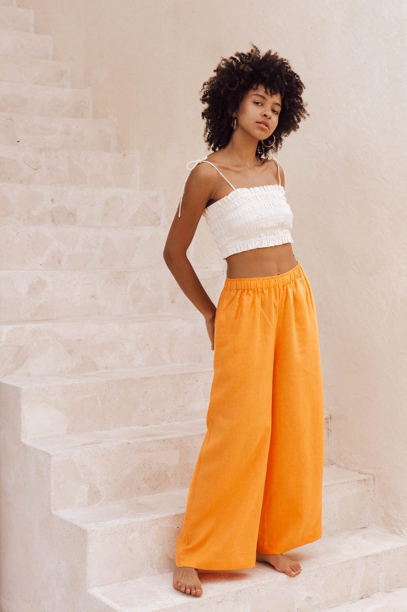 High-rise comfy loose yellow-orange summer pants