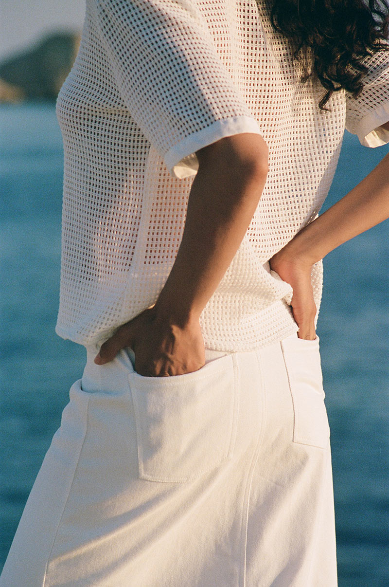 Cream cotton midi skirt with back pockets