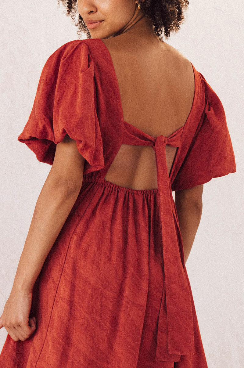 Cotton jacquard open back crimson statement dress