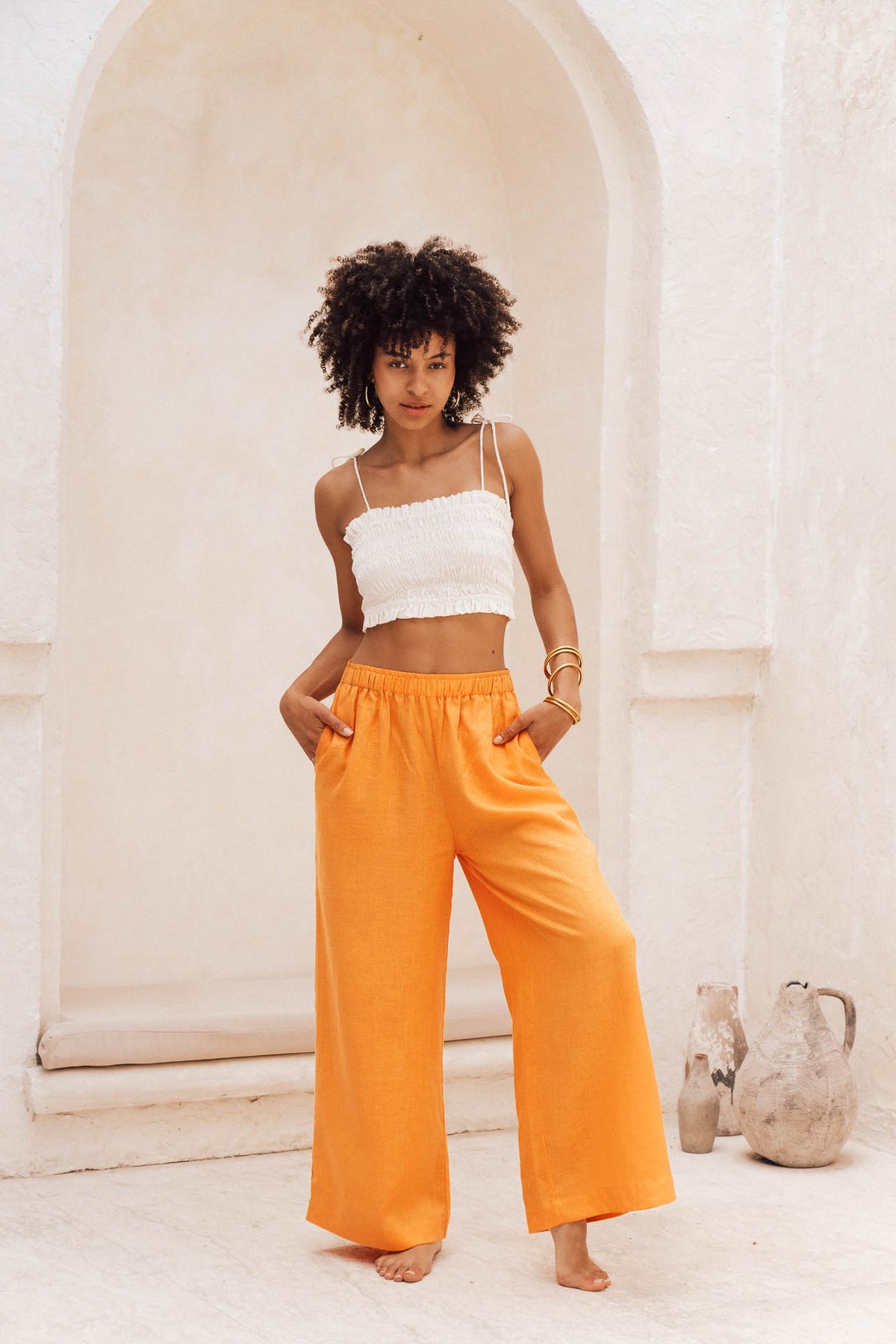 Shop Mandarin-Orange Linen Pants - ROVE