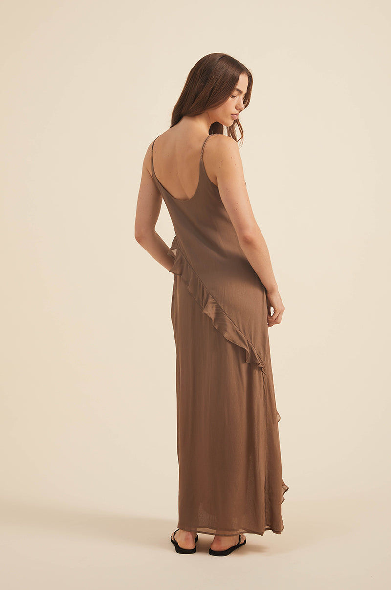 Viscose maxi dress with adjustable spaghetti straps - coffee brown