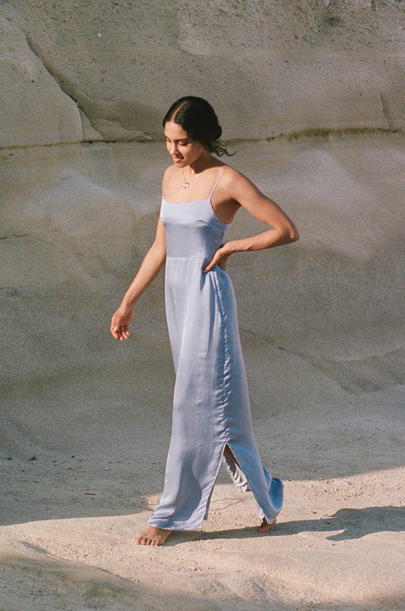 Satin ice-blue floor-length bridesmaid dress
