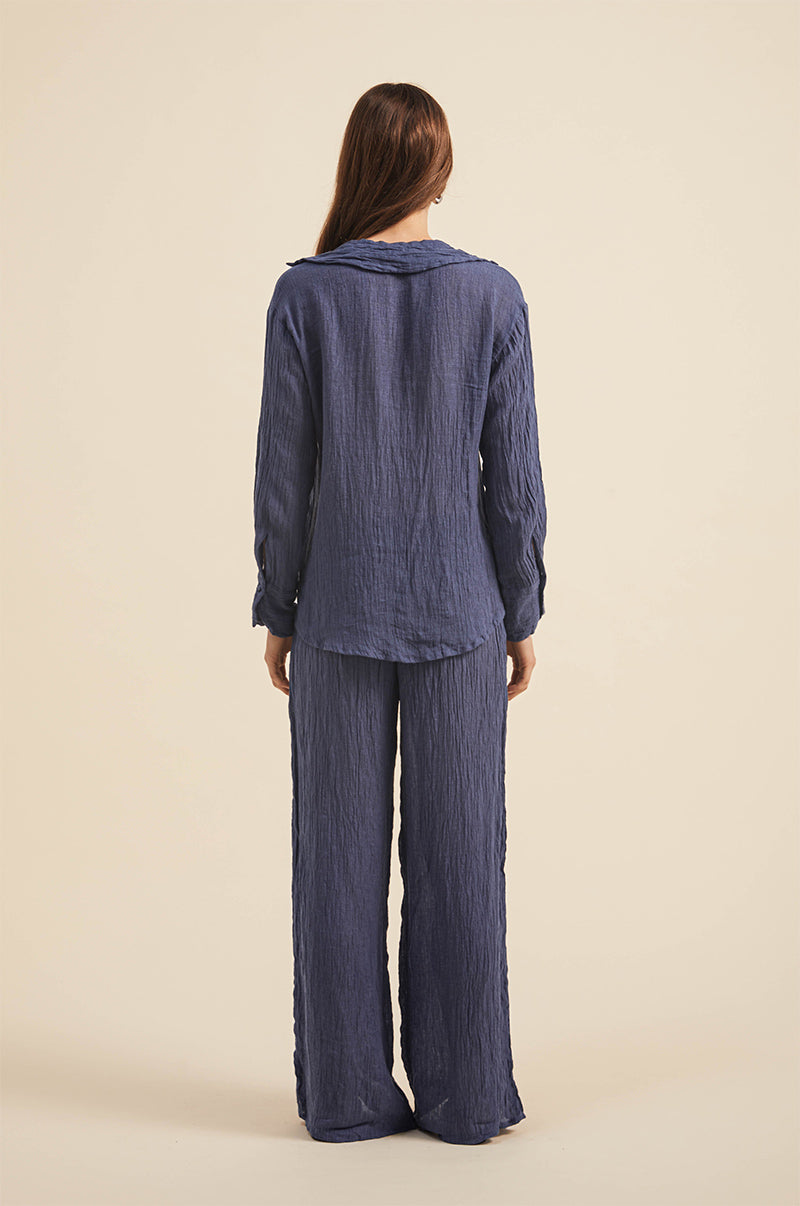 Easy-to-care crinkle linen midnight blue pants