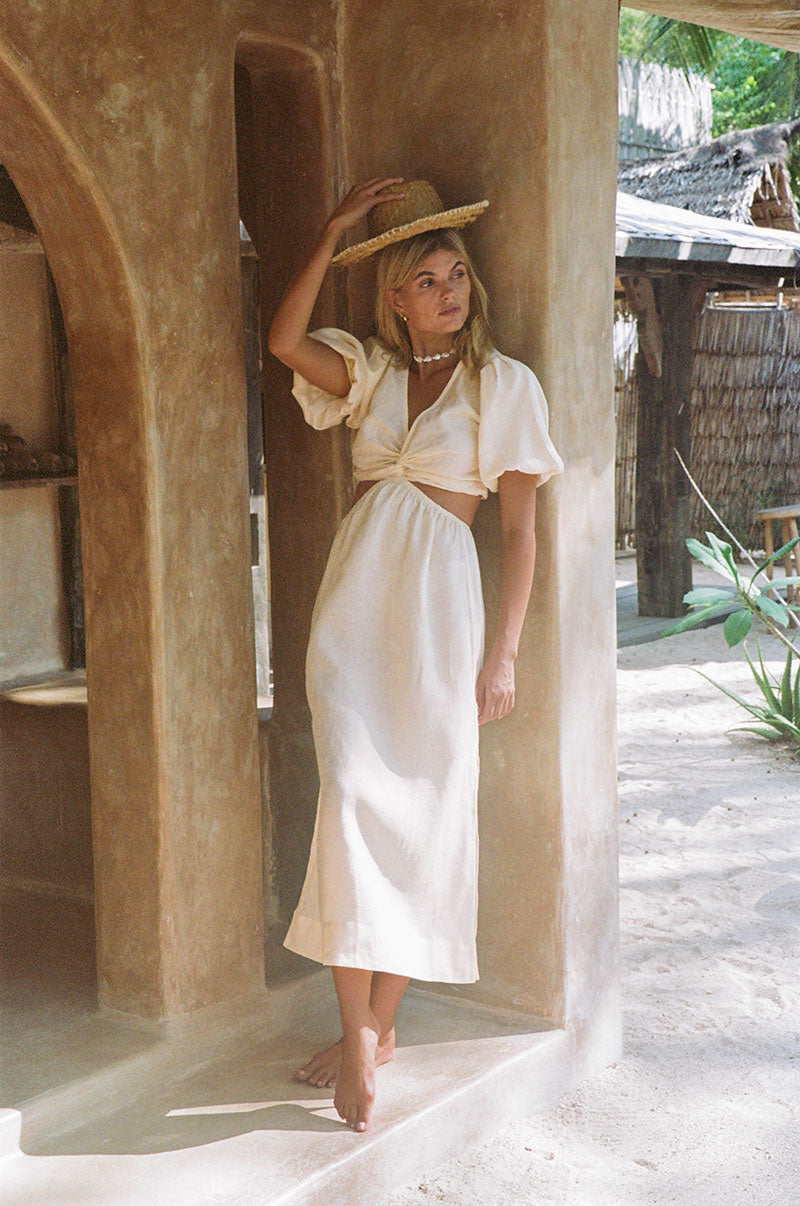 Twist front detail - midi length linen cream dress