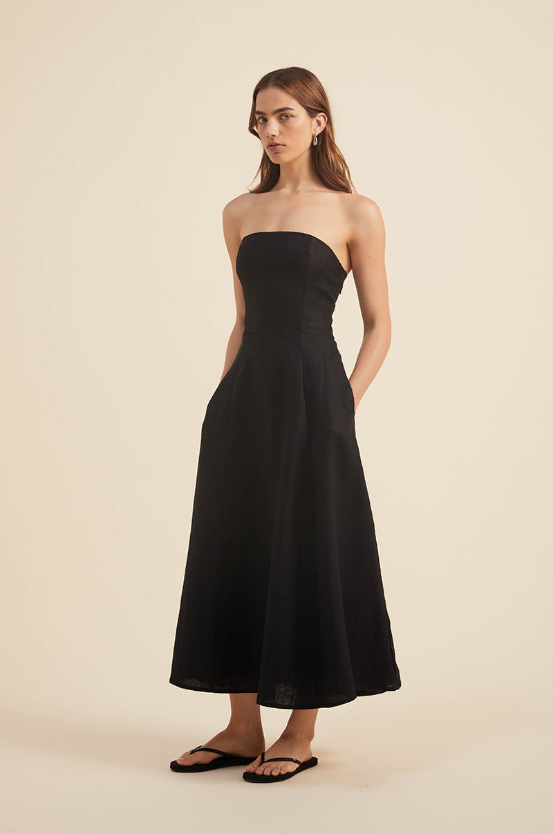 Black Linen Midi Dress - Strapless with Straight Neckline