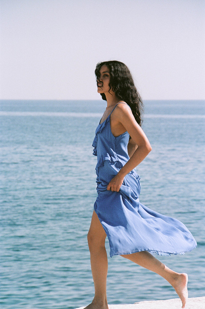 Sea blue formal dress - leg split and flowy design