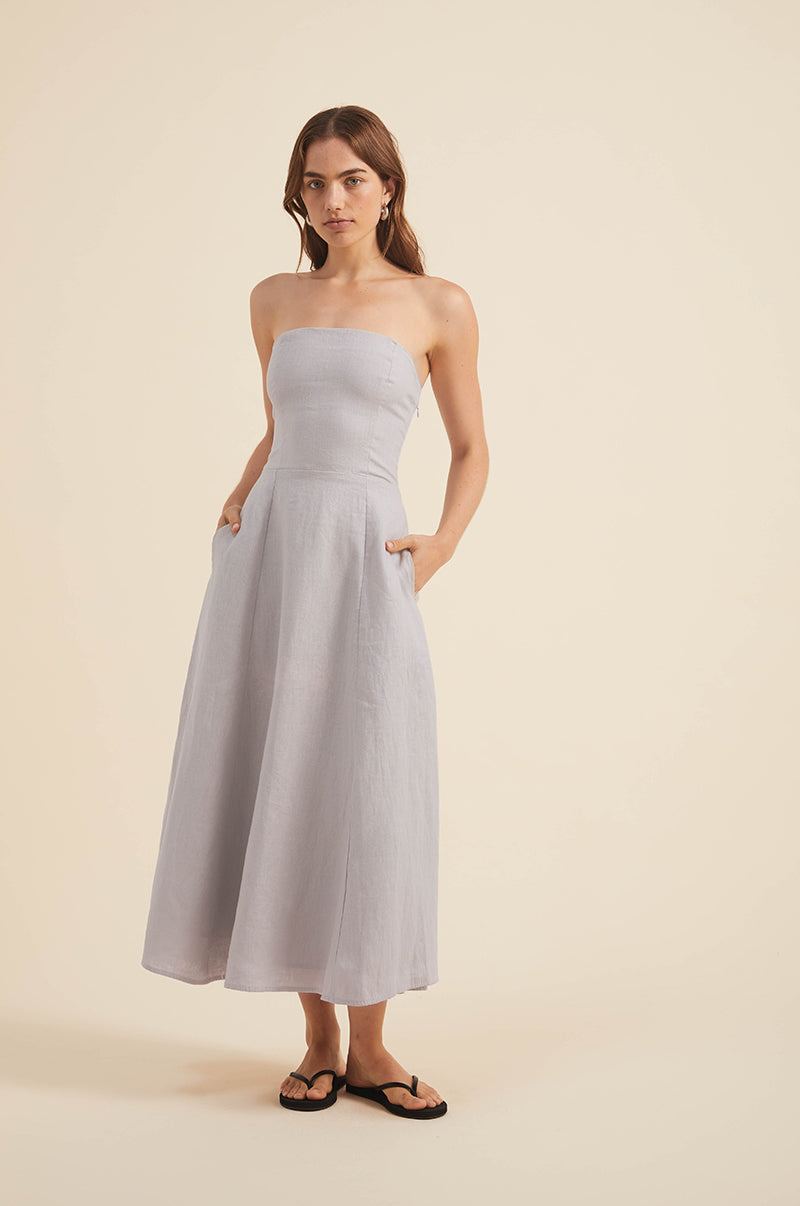 French flax linen midi dress with cotton lining 