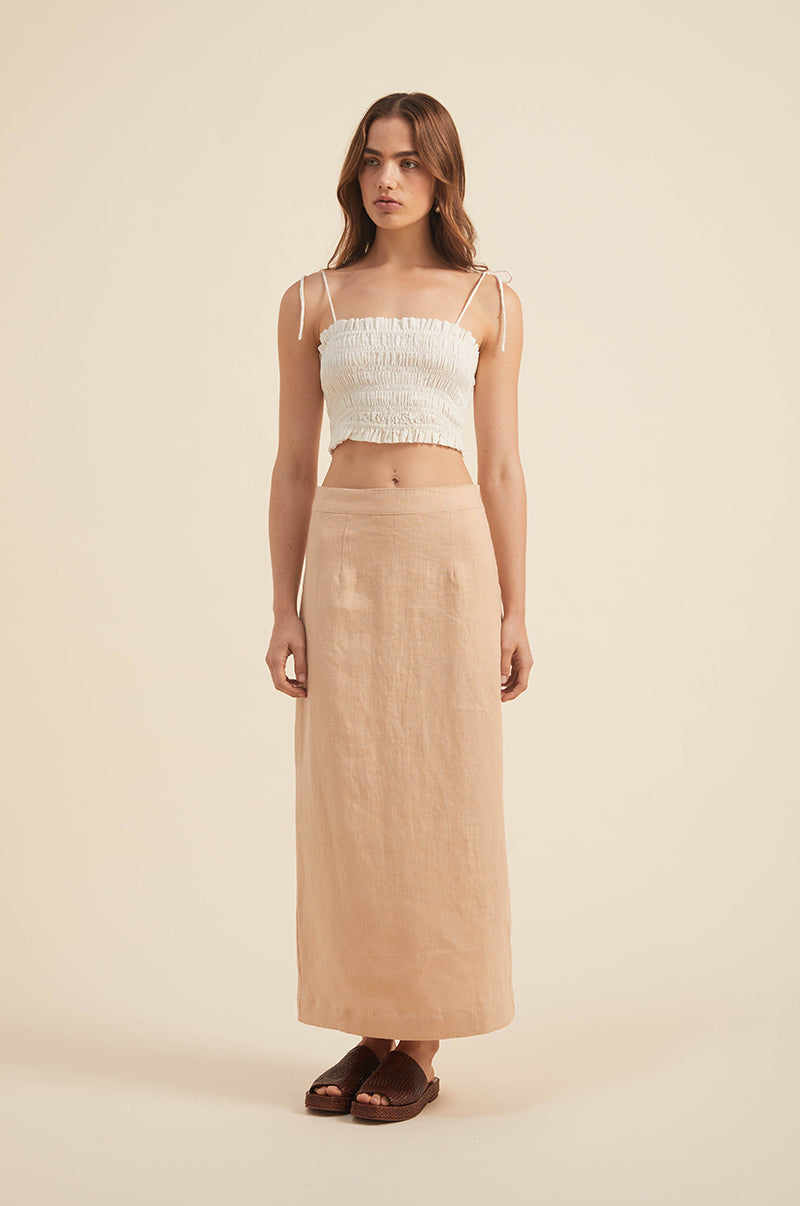 Ethically made midi skirt - oatmeal coloured linen