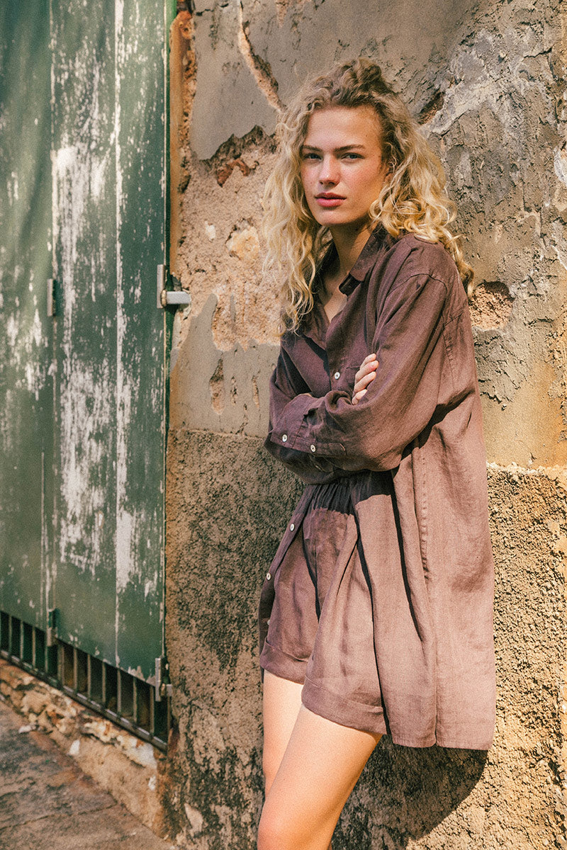 Coffee linen boyfriend shirt dress