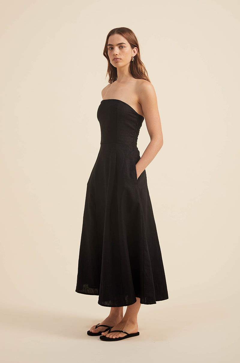 Striped Rib Top Linen Dress - Black