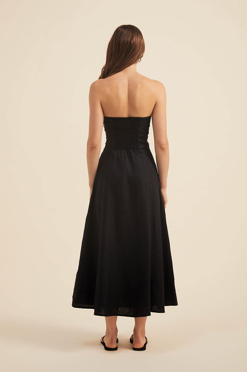 Black Linen Midi Dress - Strapless with Straight Neckline