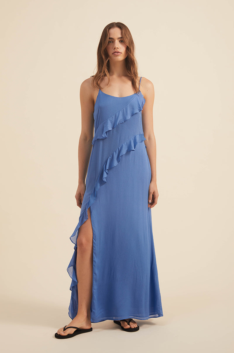 Viscose maxi dress with adjustable spaghetti straps - sky blue