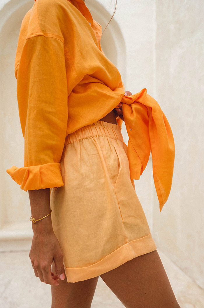 European summer chic - linen orange shirt dress