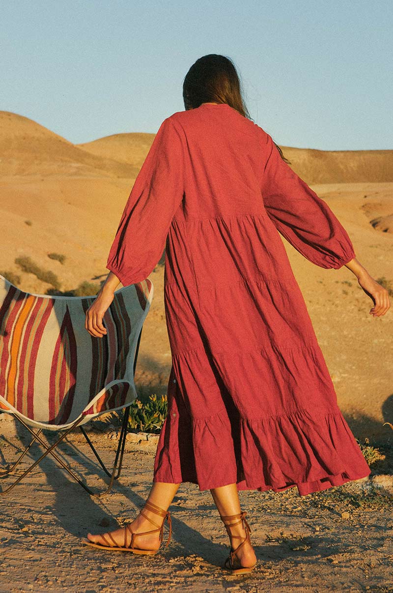 Warm red tiered midi dress
